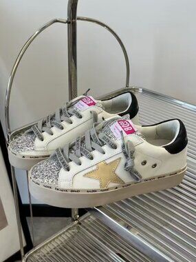 Golden Goose Super-Star Sneakers with Silver Glitter Star